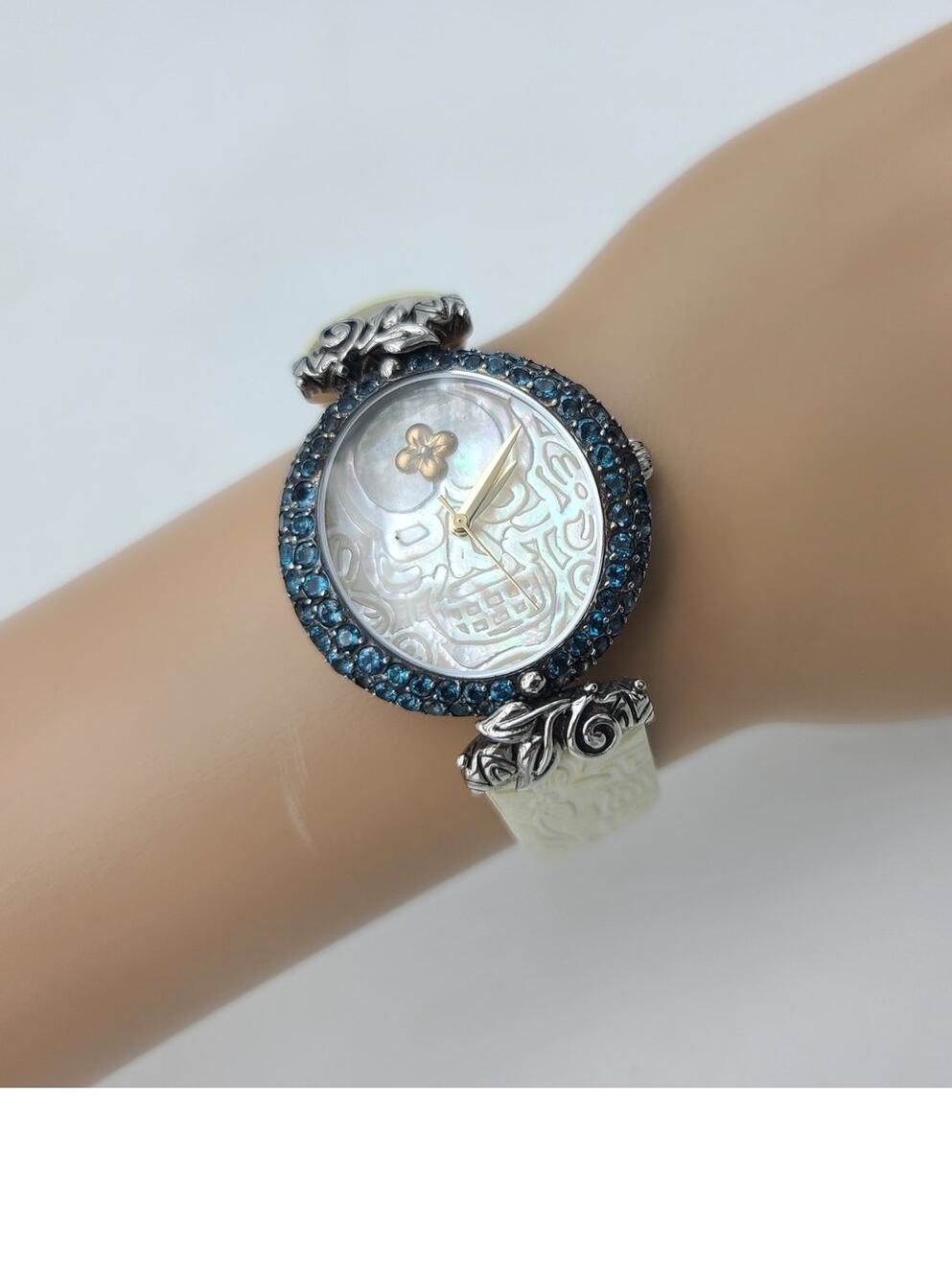 Bixby Women "Time for a Change" Wristwatch MOP Skull Dial 18k Accent Blue Topaz